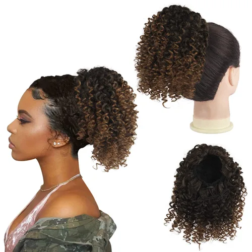 Miniatura 11 de PEACOCO Cola de caballo afro rizada con cordón para mujeres negras, extensiones de cola de caballo afro de 6 pulgadas, cabello sintético