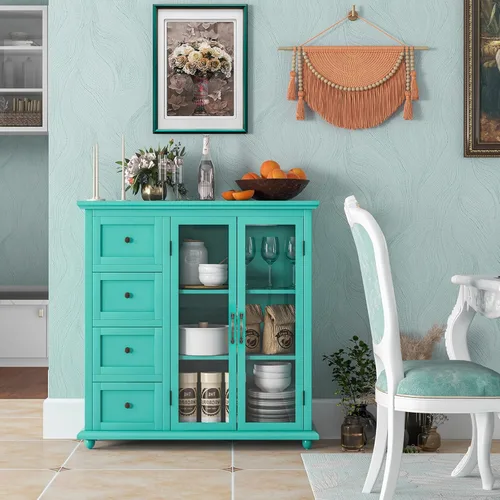 Miniatura 2 de LOKO Aparador de buffet, armario de almacenamiento de cocina, armario de 2 puertas con 4 cajones, estante ajustable y dispositivo antivuelco