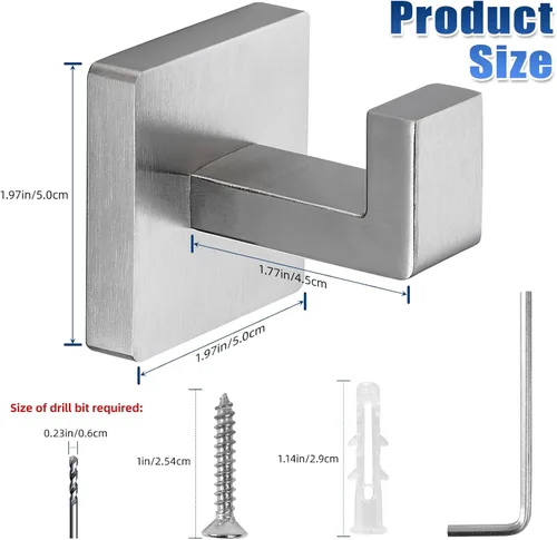 Miniatura 7 de Ganchos de toallas de níquel cepillado para baños, gancho moderno de acero inoxidable resistente montado en la pared, paquete de 4, ideal