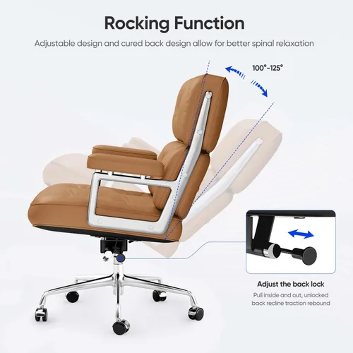 Miniatura 8 de Silla de oficina de cuero genuino, sillas de escritorio ejecutivas con respaldo medio con brazos y ruedas de aluminio, silla giratoria de cuero