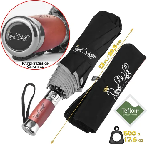 Miniatura 3 de Royal Walk Paraguas de viaje plegable resistente al viento, compacto y fuerte, mango de madera real, cierre automático, doble toldo ventilado