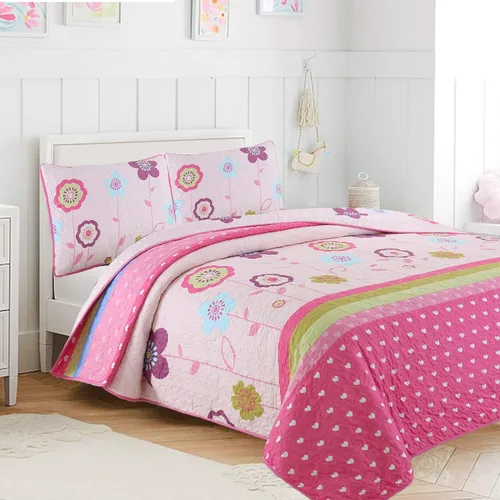 Miniatura 7 de Cozy Line Home Fashions Juego de ropa de cama reversible para niña, color rosa, verde, azul, naranja, colorido, floral, fantasía, colcha