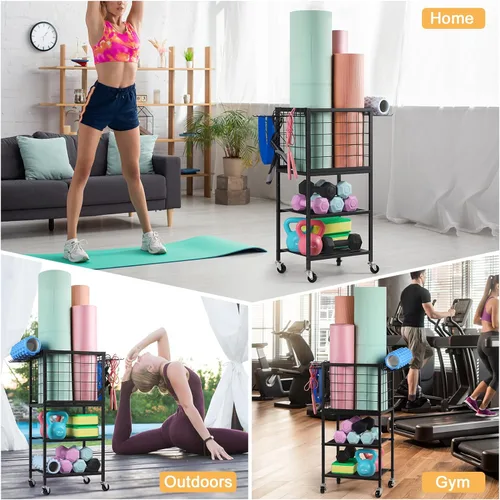 Miniatura 3 de ETELI Estante de almacenamiento para esterilla de yoga, gimnasio en casa, equipo de entrenamiento, carrito de almacenamiento con ruedas de ganchos