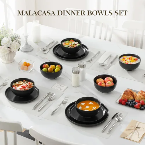Miniatura 8 de MALACASA Juego de 6 cuencos de sopa de porcelana de 26 onzas, cuencos de cerámica negra para cocina, cuenco de cereales para avena, fruta, ensalada