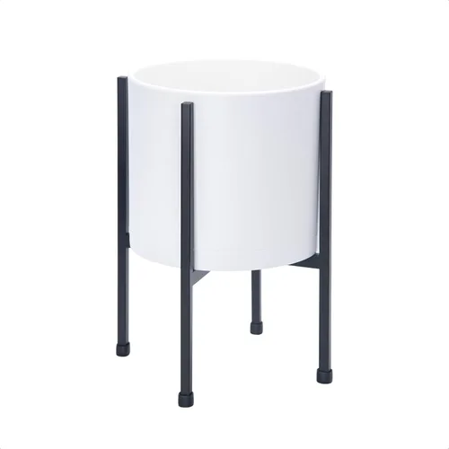 D'vine Dev Maceta blanca de 8 pulgadas con soporte, moderna maceta cilíndrica de plástico con soporte de metal resistente para plantas de interior,
