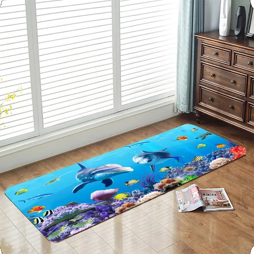 Miniatura 12 de LYFANS Alfombras absorbentes y antideslizantes para uso en cocina y baño, alfombrillas modernas de arte azul con delfín en 3D (61x41 cm)