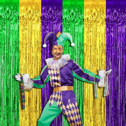 Miniatura 4 de Paquete de 4 Cortinas de Flecos de Papel de Aluminio para Telón de Fondo Mardi Gras, 3.28 pies x 8.2 pies Dorado Verde Morado Serpentinas de Flecos