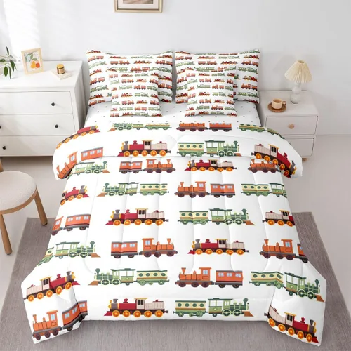 Miniatura 35 de Feelyou Juego de edredón de tren vintage de 7 piezas, diseño retro de motor de vapor para niños y niñas, juego de ropa de cama retro de tren