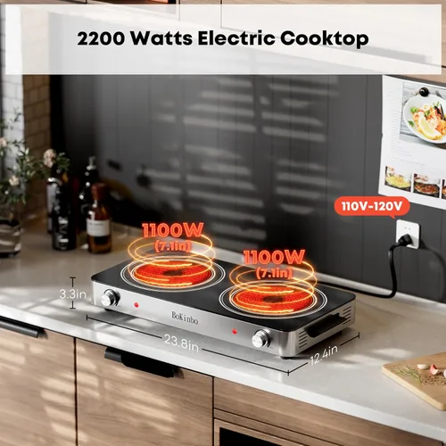 Miniatura 2 de Placa de cocina eléctrica, quemador infrarrojo dual de 2200 vatios, placa eléctrica de 2 quemadores para cocinar, encimera de control de perilla