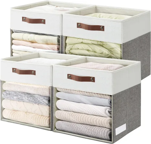 Miniatura 9 de Bagnizer Cubos de Almacenamiento, Paquete de 4 Contenedores de Almacenamiento Plegables de Lino (13 x 13 pulgadas) con Ventana Transparente y Asas
