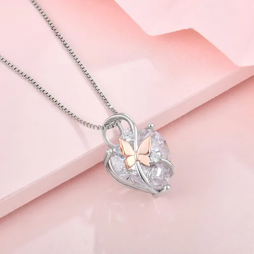 Miniatura 4 de Oskani Collares de corazón de mariposa para mujer, plata de ley 925 5A con circonita cúbica y piedra natal, regalo de joyería, aniversario