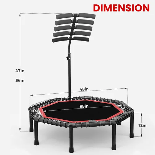 Miniatura 8 de Trampolín de rebote octogonal de 50 pulgadas para adultos, rebote de fitness con cuerdas elásticas silenciosas, barra de mango ajustable en T