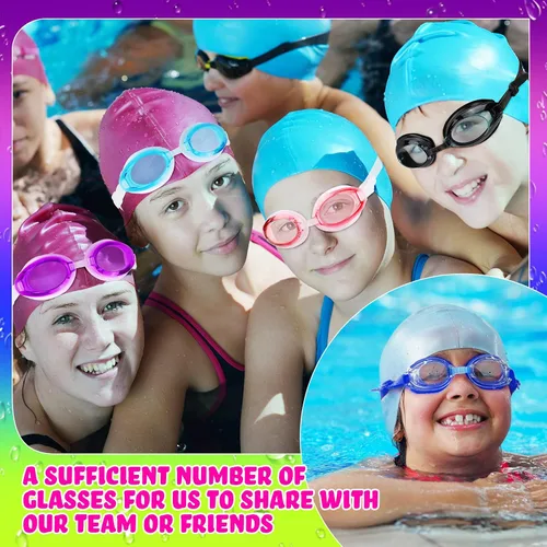 Miniatura 7 de Macarrie Paquete de 40 gafas de natación para niños a granel sin fugas con tapones para los oídos, gafas de natación ajustables de silicona