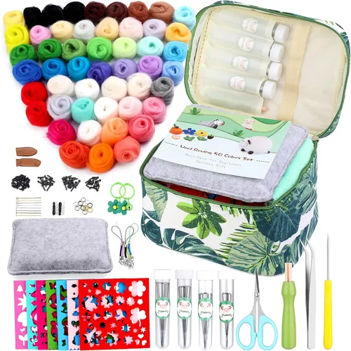 Miniatura 11 de IMZAY Kit de fieltro de aguja, kit de iniciación de fieltro de aguja con exquisita bolsa de almacenamiento verde, juego de 18 colores de lana, kit