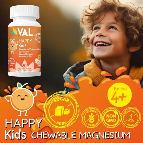 Miniatura 3 de VAL Kids Magnesio Fórmula para la Calma + Enfoque 100mg de Mg (Glicinato, Citrato, Taurato) + B6, D3, C Sin azúcar, sin OMG Tabletas