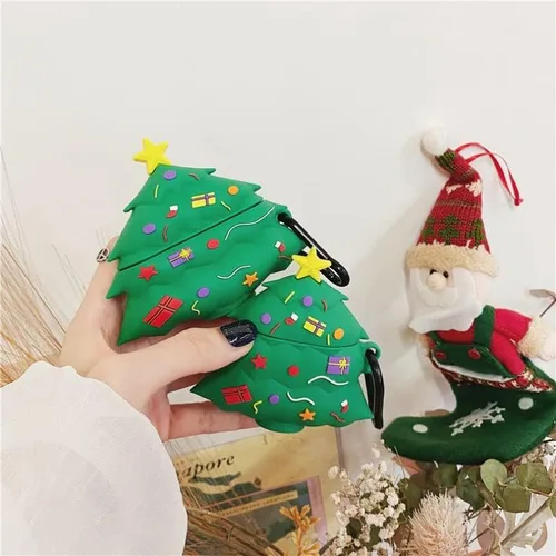 Miniatura 7 de Funda de silicona suave para árbol de Navidad con llavero para Apple AirPods 1, 2, 1ª generación, 2016, 2019, modelo de color verde 3D, caricatura