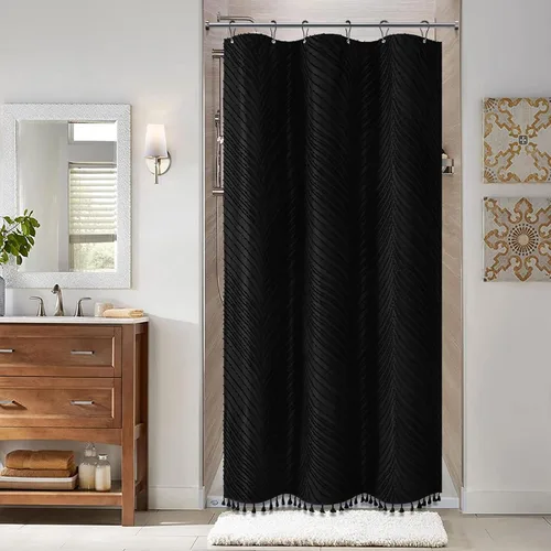 Miniatura 8 de BTTN Cortina de ducha bohemia de 36 x 72 pulgadas, con textura de hojas copetudas y borlas y 6 ganchos, cortinas de ducha modernas estilo rústico