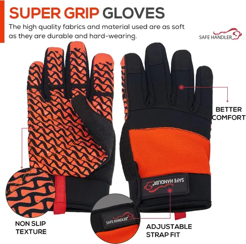 Miniatura 5 de SAFE HANDLER Guantes Super Grip Palma de agarre texturizada, textura antideslizante, correa de muñeca con gancho y bucle, negro/naranja, S/M, 1