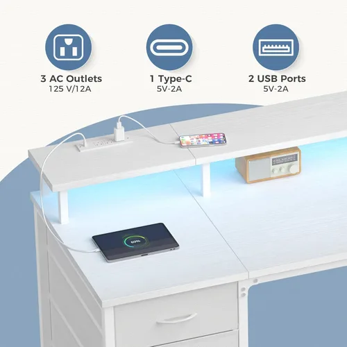 Miniatura 3 de DUMOS - Escritorio para computadora de 40 pulgadas con 4 cajones, escritorio para juegos con tomas de corriente y luces LED, estación de trabajo