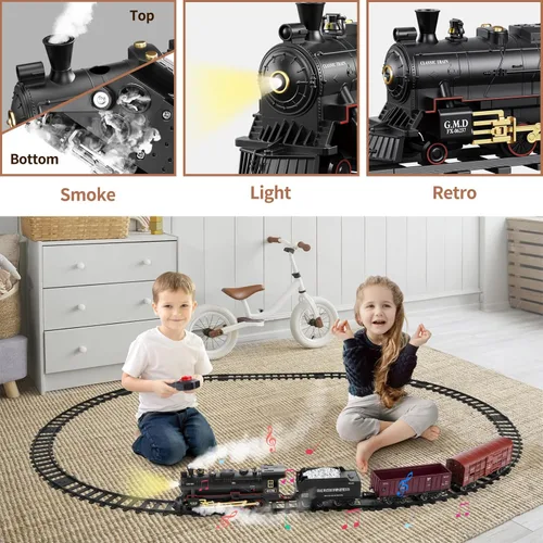 Miniatura 5 de Juego de tren con control remoto, pista de tren eléctrico alrededor del árbol de Navidad con vehículo de carga, luz y sonidos, locomotora de vapor