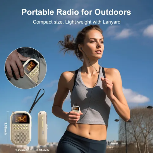 Miniatura 7 de Radio AM FM de bolsillo: radio recargable de 1100 mAh compatible con Bluetooth, mini receptor FM AM con altavoz grande, auriculares estéreo, Beige
