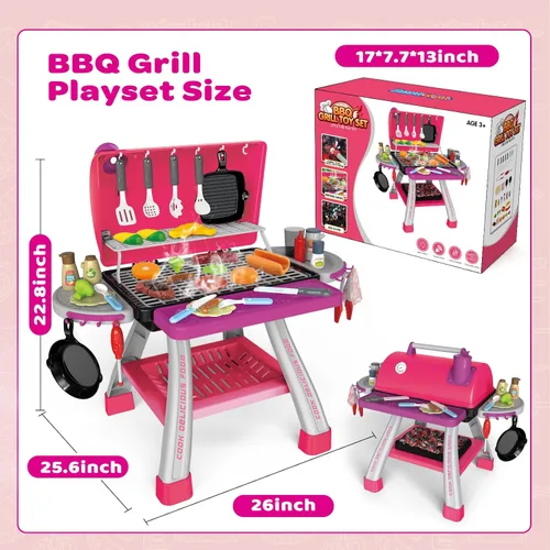 Miniatura 7 de AuroTops Juego de juguetes de cocina rosa, juego de parrilla para niños con humo, sonido y luz, juego de chef, juguetes interactivos de cocina