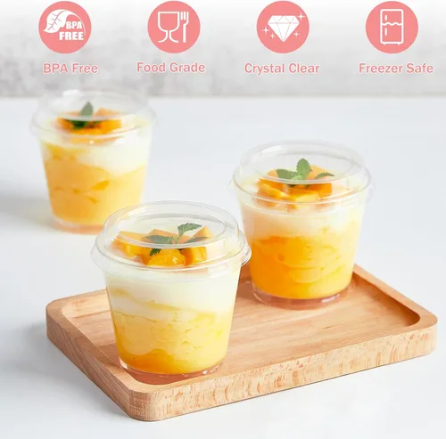 Miniatura 3 de Paquete de 50 mini tazas de postre de 6 onzas con tapas altas y cucharas, tazas pequeñas de plástico para tartas, tazas redondas para servir parfait