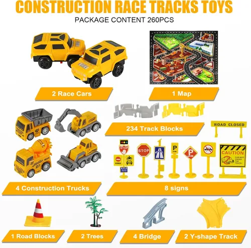 Miniatura 10 de 260 PIEZAS Pistas de Carreras de Construcción para Juguetes de Niños, 2 Autos de Carreras, 4 Autos de Construcción, 1 Mapa y Conjunto de Pistas
