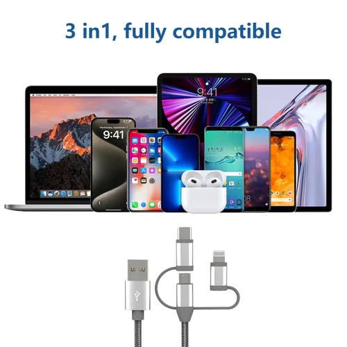 Miniatura 7 de Adaptador de cable de carga 3 en 1, Lightning certificado MFi de Apple, tipo C, cable micro USB, compatible con iPhone 16/15/14, iPad, Huawei, HTC