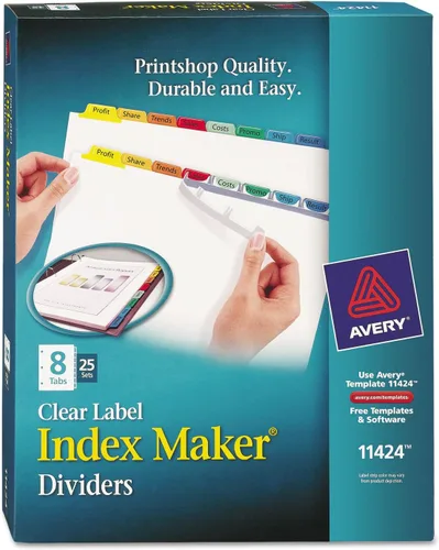 Avery 11424 Separadores de etiquetas transparentes, pestañas de color, juego de 8 pestañas, carta, 25 juegos/caja