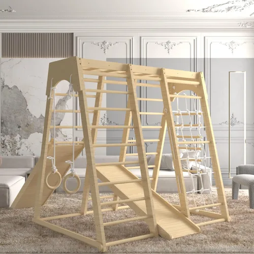Gimnasio de la selva para niños pequeños, juego de patio interior de 66 pulgadas con columpio, pared de escalada en roca, tobogán, barras de mono,