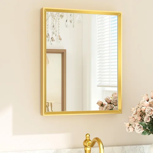 TETOTE Espejo de Baño Dorado de 16" x 20" Latón Dorado Cepillado Rectangular con Marco Biselado Espejo de Tocador de Baño para Sobre el Lavabo,
