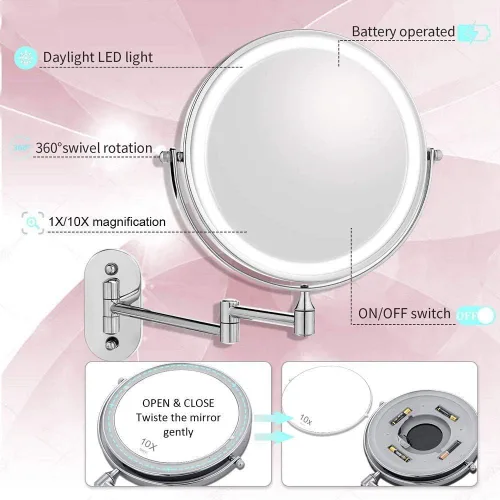 Miniatura 4 de Espejo de maquillaje con iluminación LED, funciona con pilas, aumento de 1x/10x, 8 pulgadas, luz ajustable con botón táctil, cromo pulido