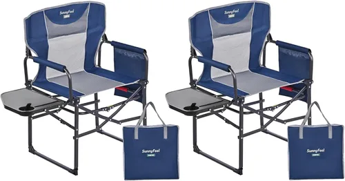 SUNNYFEEL Silla de directores de camping, resistente, silla plegable portátil de gran tamaño con mesa auxiliar, bolsillo para playa, pesca, viaje,