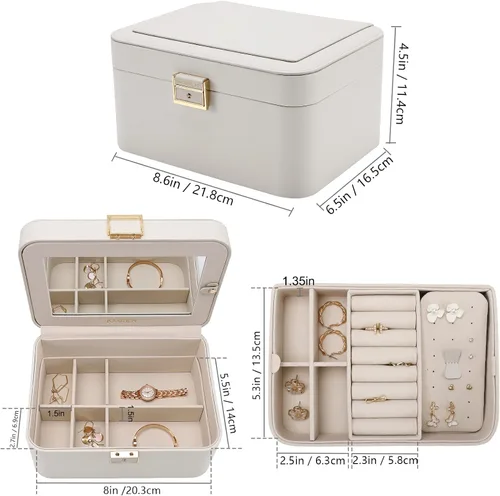 Miniatura 6 de KAMIER Joyero, caja organizadora de joyas de piel sintética de 2 capas, gran capacidad, doble cerradura y espejo grande, ganchos ocultos