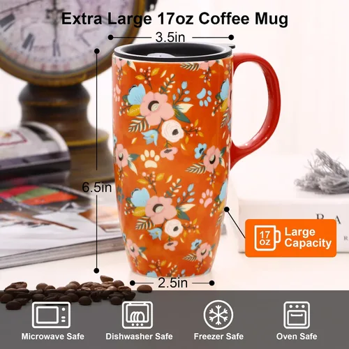 Miniatura 5 de Taza de viaje de cerámica de 17 onzas con tapa y asa, taza de café con patrón floral de abeja, apta para microondas y lavavajillas, taza de café