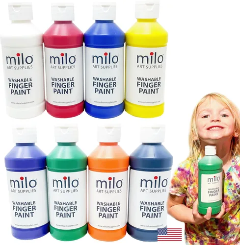 milo Juego de pintura de dedos lavable para niños, 8 colores, botellas de 8 onzas, seguras y no tóxicas, fabricadas en los Estados Unidos, pinturas