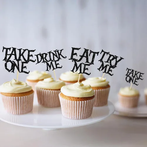 Miniatura 4 de Gyufise 24 piezas de adornos para cupcakes de Alicia en el país de las maravillas con purpurina negra Try Me Take One Eat Me Cupcake Picks