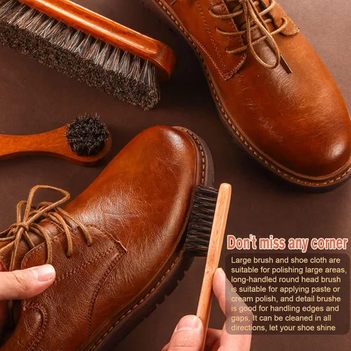 Miniatura 4 de Kit de 4 cepillos para zapatos de pelo de caballo, aplicadores de limpieza de piel, botas, cepillos de cuidado de gamuza con paño de microfibra