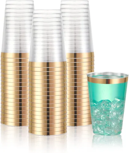 Miniatura 6 de N9R 60 platos de postre de plástico dorado con tenedores y 72 vasos de plástico dorados