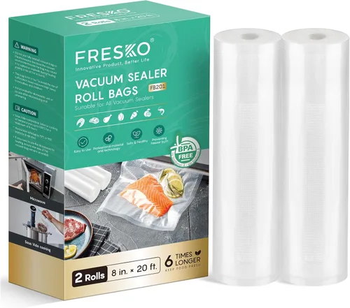 FRESKO Bolsas selladoras al vacío de 8"x20' para alimentos, 2 rollos de bolsas de almacenamiento de tamaño personalizado sin BPA, bolsas de