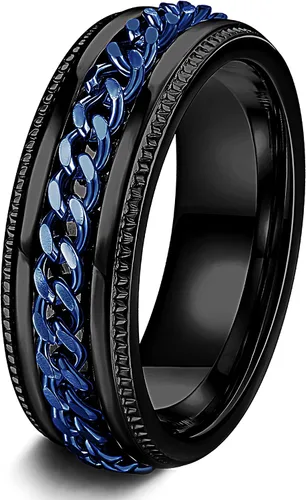 FIBO STEEL - Anillos de acero inoxidable de 8mm para hombres, anillos con cadena incrustada y borde con textura, disponible en tallas 7-14