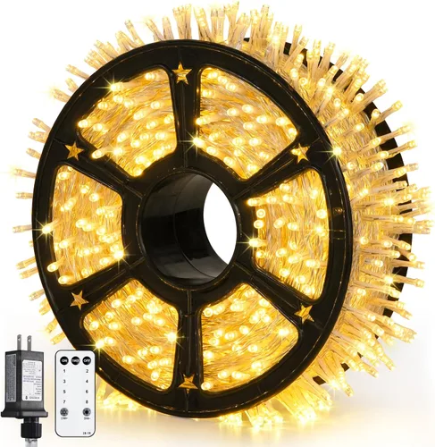Miniatura 30 de JMEXSUSS 150 luces LED azules de Navidad para interiores y exteriores, luces de cadena conectables de 59 pies con enchufe, 8 modos de luces de hadas
