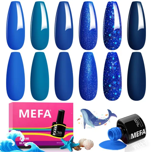 MEFA - Juego de esmalte de uñas de gel azul, 6 colores, azul marino, zafiro, azul, brillantina, tonos oscuros, juego de iniciación, gel brillante,