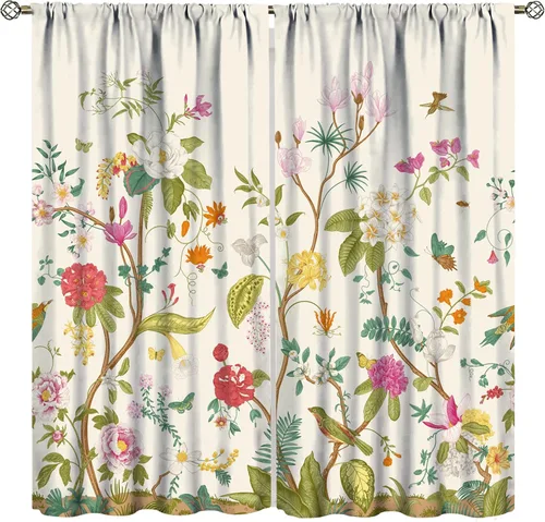 Cortinas florales, pájaros de colores retro, flores silvestres, hierbas, patrón de naturaleza, cortinas opacas para dormitorio, sala de estar, juego