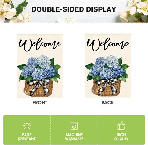 Miniatura 6 de AVOIN colorlife Bandera de jardín de primavera y verano de hortensias de 12 x 18 pulgadas, doble cara exterior, bandera floral de bienvenida