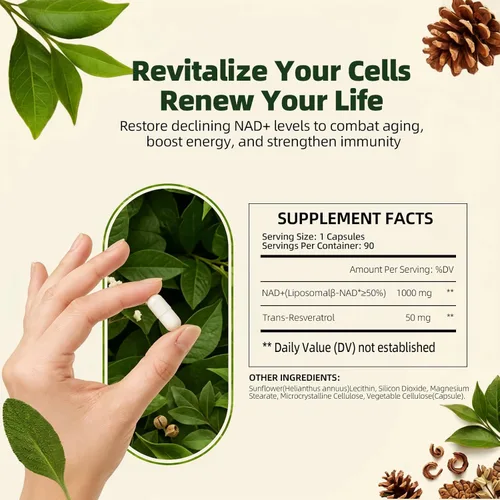Miniatura 4 de Suplemento NAD+ con ribósido de nicotinamida y resveratrol 1000 mg - Suplemento de resveratrol NAD para hombres y mujeres - NMN alternativa