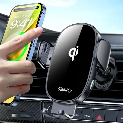 Beeasy Cargador inalámbrico para automóvil, cargador rápido de 15 W, rotación de 360°, sujeción automática y liberación de un solo toque, soporte de