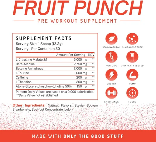 Miniatura 5 de Polvo pre-entrenamiento, totalmente natural para energía, bombeo, resistencia y fuerza, con cafeína (ponche de fruta)