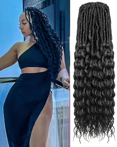Miniatura 7 de Cabello de Ganchillo Faux Locs de Onda Profunda - 24 Pulgadas 8 Paquetes Pre-Enrollado Negro Natural 112 Hebras Extensiones de Cabello Sintético